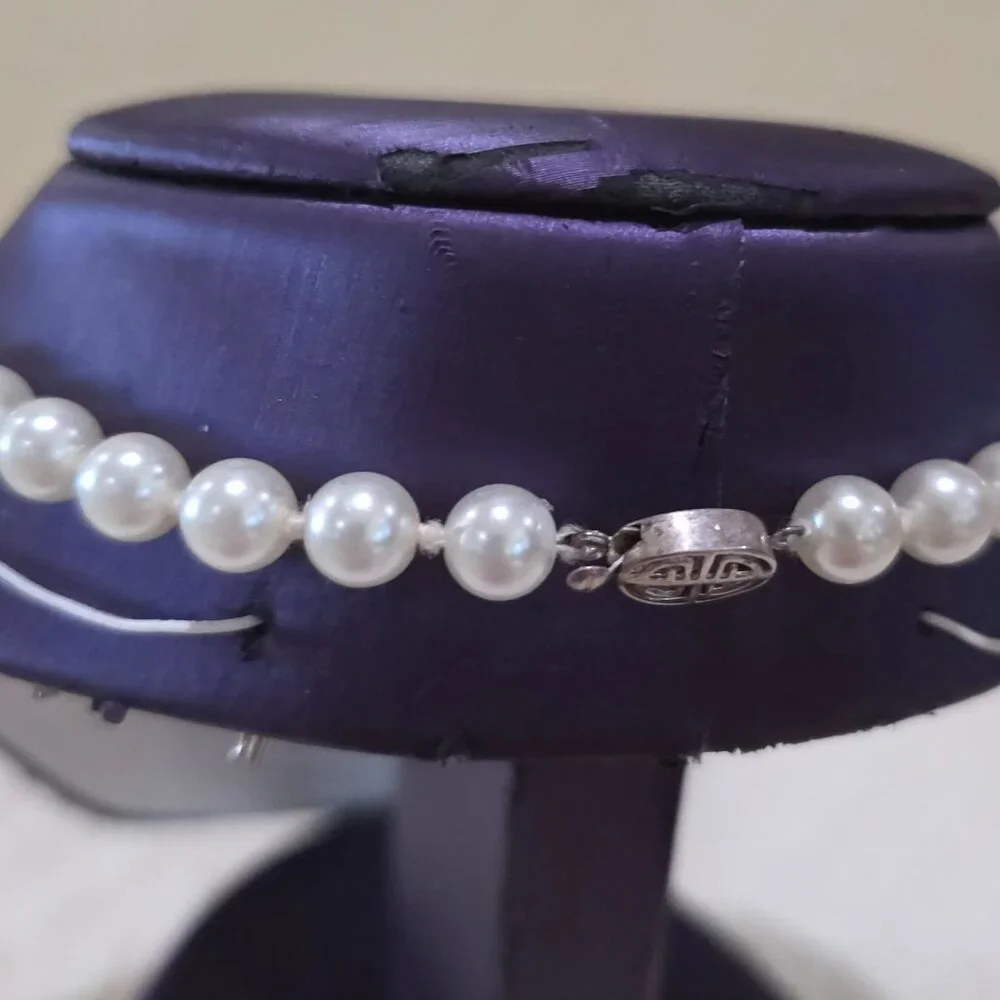Vintage 7mm Heavy White Faux Pearl Silver Asian Design 925 Clasp 18